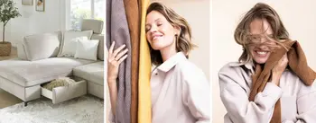 Frau genießt weiche Stoffe in verschiedenen Farben, von Beige bis Senfgelb. Rechts ein komfortables Ecksofa mit Stauraum-Schublade und weißen Kissen im hellen Wohnzimmer – perfekte Kombination aus Design und Funktionalität.